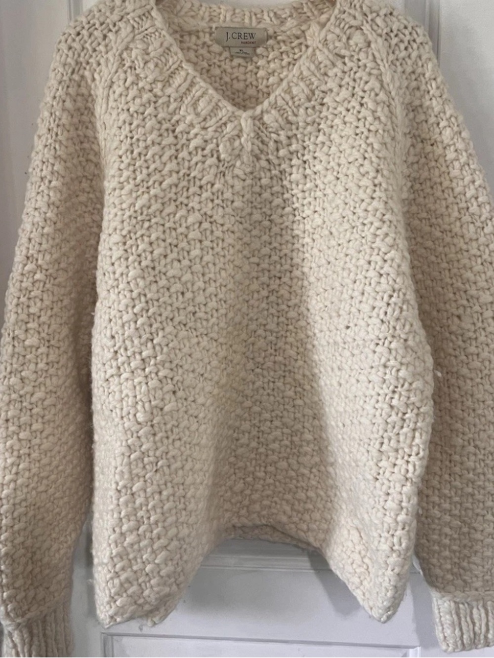 J. Crew Cream Chunky V-Neck 100% wool handKnit Sweater vintage old fisherman L - Picture 8 of 8